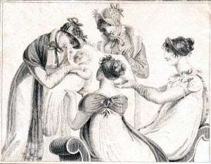 Ladies gather to admire the new arrival. A charming image from a ladies' memorandum book of 1806