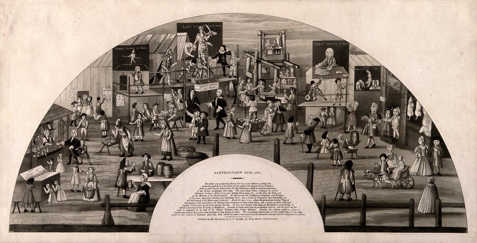 V0014666 Bartholomew Fair, site of St. Bartholomew's Hospital, London Credit: Wellcome Library, London. Wellcome Images images@wellcome.ac.uk http://wellcomeimages.org Bartholomew Fair, site of St. Bartholomew's Hospital, London, pictured in 1721. Aquatint with etching, c. 1800. Published: - Copyrighted work available under Creative Commons Attribution only licence CC BY 4.0 http://creativecommons.org/licenses/by/4.0/